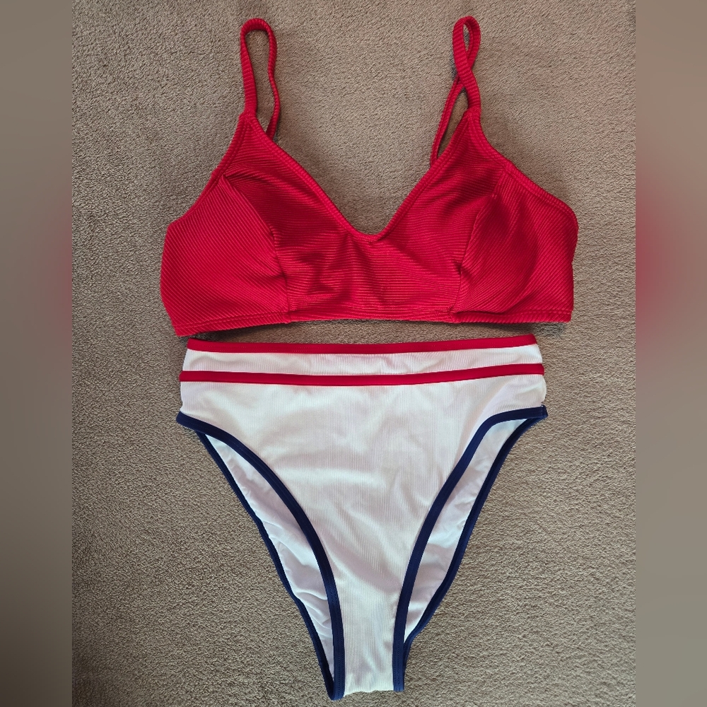 NWT Cupshe Red, White & Blue Bikini Sporty Swimwear, Medium